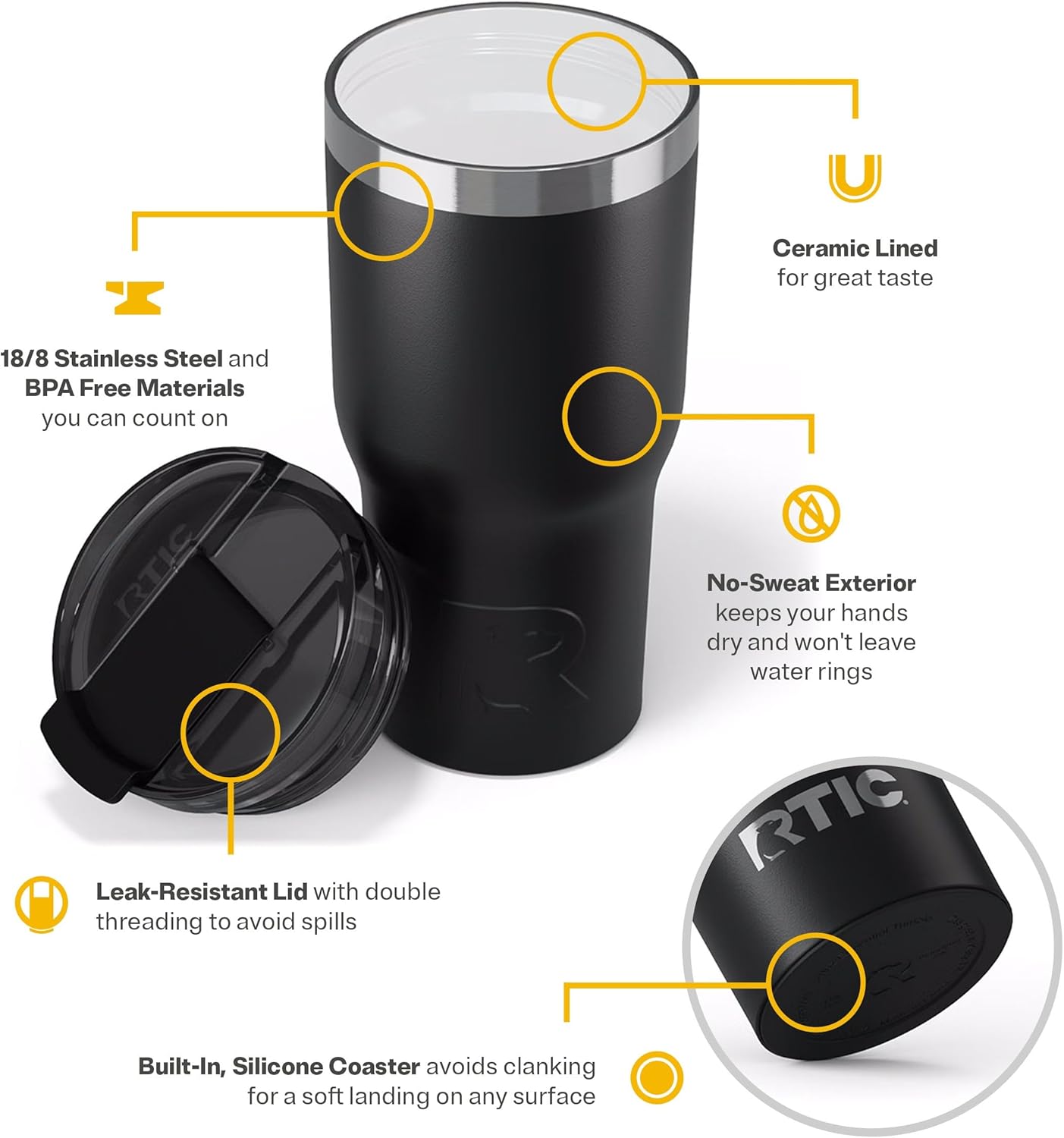 RTIC 20oz Essential Tumbler with Lid, Insulated, Stainless Steel, Metal, Double Wall Vacuum-Insulation, Ceramic Lined, Travel Cup for Iced Coffee, Tea, Hot and Cold Drink, Black