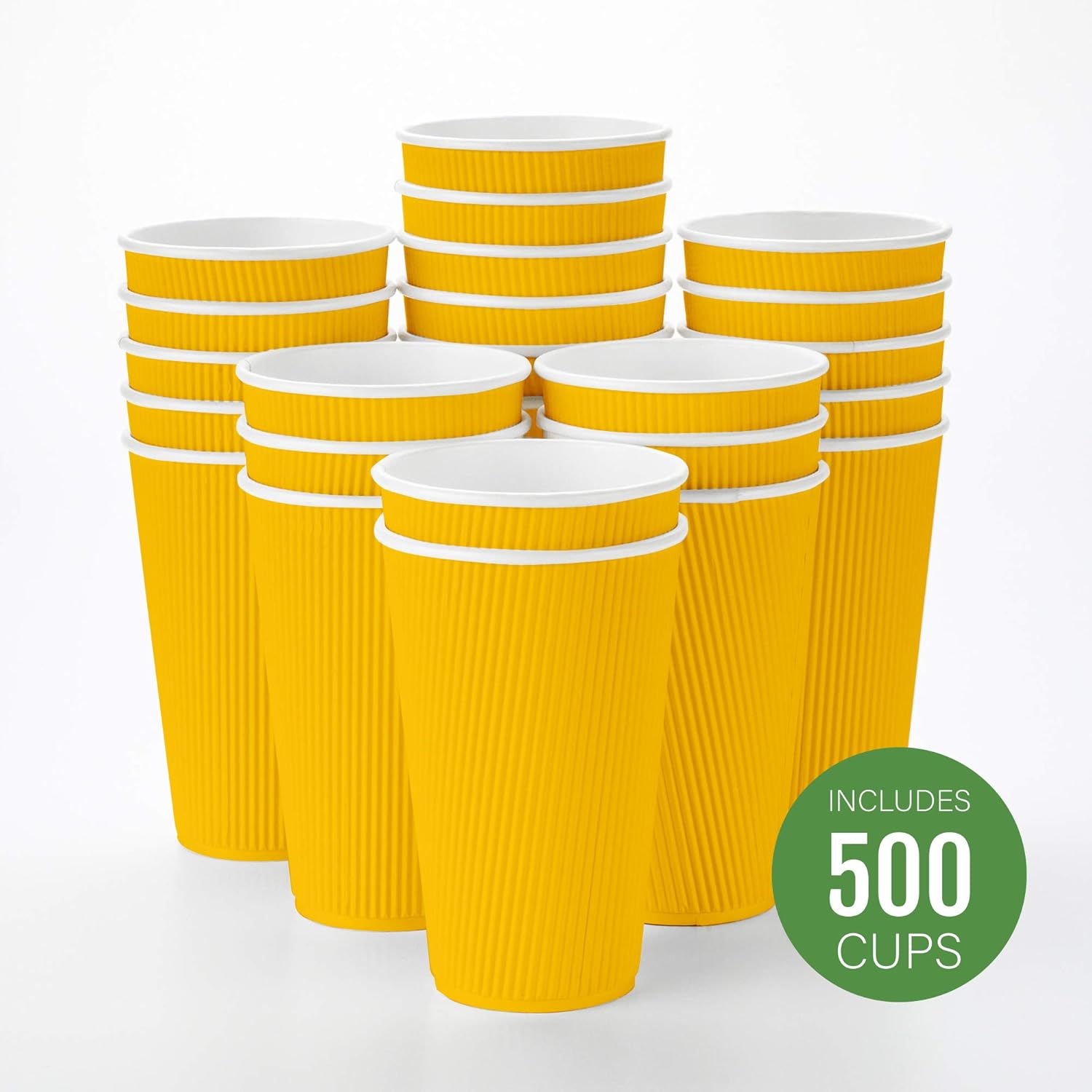 Restaurantware 16 Ounce Ripple Wall Disposable Coffee Cups, 500 Insulated Yellow Paper Tumblers with Rolled Rim Design, Lids Sold Separately for Hot Drinks like Tea, Hot Chocolate and More
