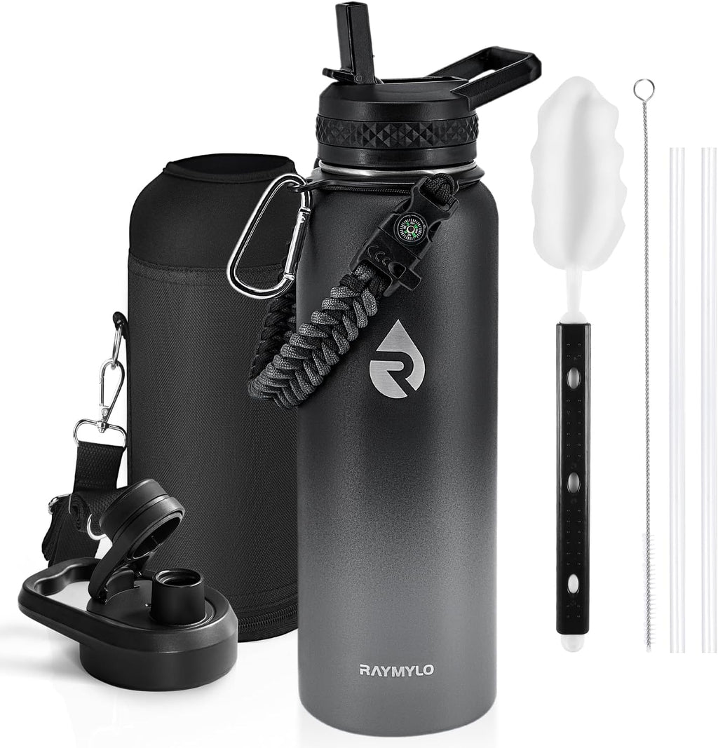 Insulated Water Bottle 40 oz, Triple Wall Vacuum Stainless Steel (Cold for 48 Hrs), Leak Proof & Non-BPA, Modern Water Flask Jug with Paracord Handle & Straw Spout Lids, Dark Grey