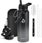 Insulated Water Bottle 40 oz, Triple Wall Vacuum Stainless Steel (Cold for 48 Hrs), Leak Proof & Non-BPA, Modern Water Flask Jug with Paracord Handle & Straw Spout Lids, Dark Grey