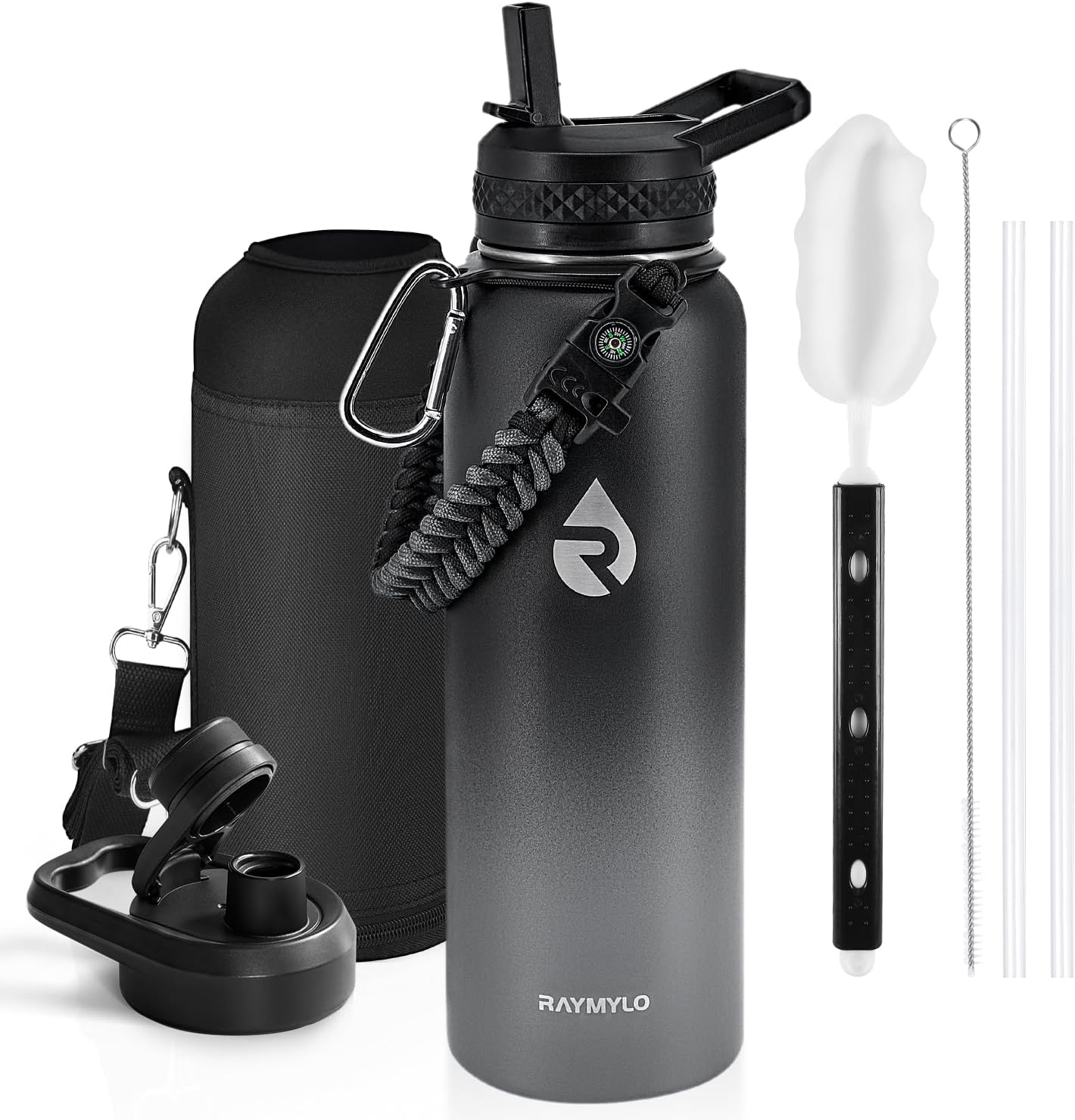 Insulated Water Bottle 40 oz, Triple Wall Vacuum Stainless Steel (Cold for 48 Hrs), Leak Proof & Non-BPA, Modern Water Flask Jug with Paracord Handle & Straw Spout Lids, Dark Grey