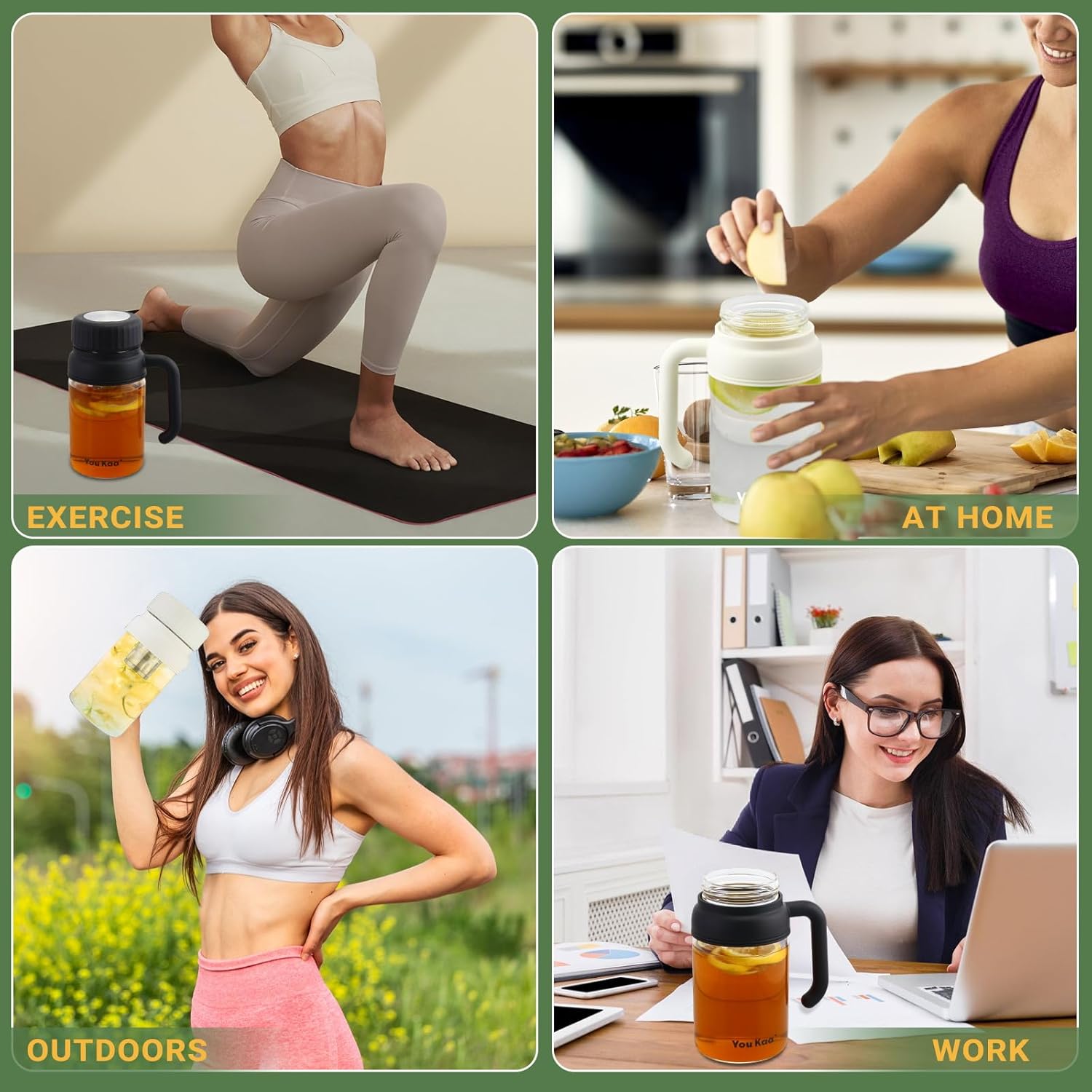 32oz Glass Water Bottle, Tea Bottle with Infuser & Handle, BPA-Free Leakproof Wide Mouth Large Tea Infuser Bottle for Hot or Cold Drinks, Loose Tea, Fruit (White)