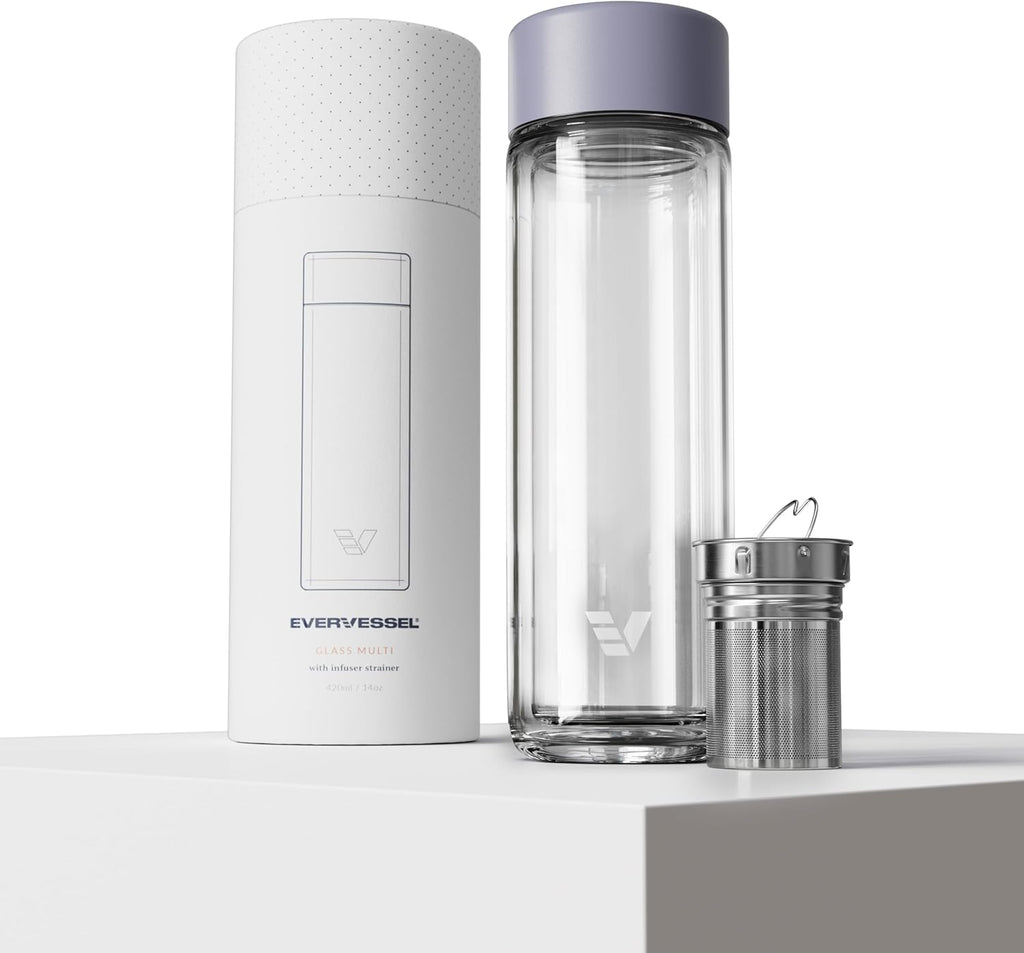 Glass Multi Tea Infuser Bottle 14oz - Double Wall Borosilicate Glass Flask | No Plastic Touches Contents | Perfect for Office or Home - Purple