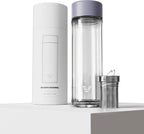 Glass Multi Tea Infuser Bottle 14oz - Double Wall Borosilicate Glass Flask | No Plastic Touches Contents | Perfect for Office or Home - Purple