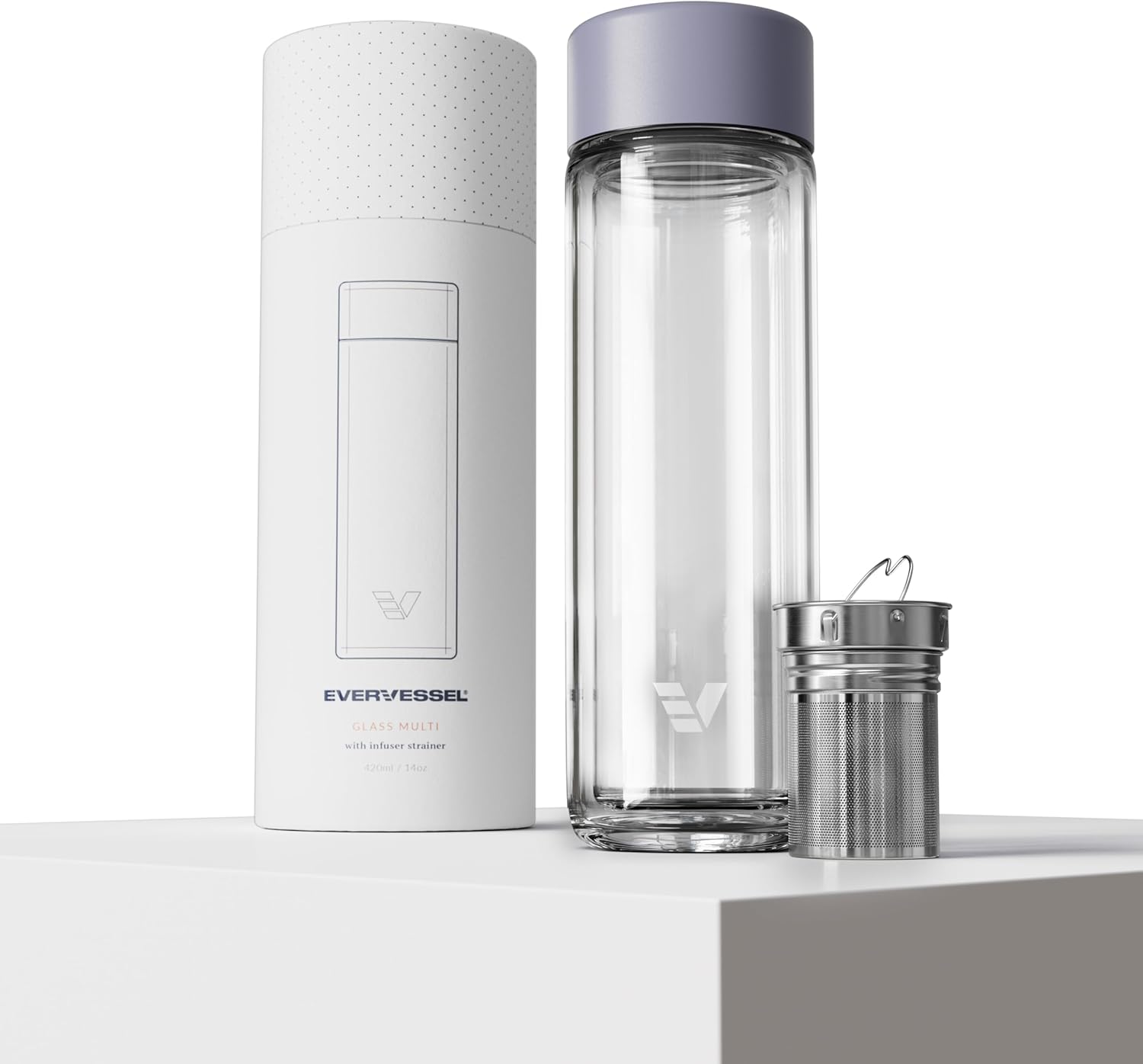 Glass Multi Tea Infuser Bottle 14oz - Double Wall Borosilicate Glass Flask | No Plastic Touches Contents | Perfect for Office or Home - Purple