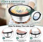 TeamFar Mixing Bowls, 5PCS Stainless Steel Serving Salad Bowls with Lids, For Kitchen Mixing/Baking/Storing/Prepping, Visible & Airtight, Non-Slip Bottom - 4.6/3.5/1.5/1 / 0.7 QT, Black