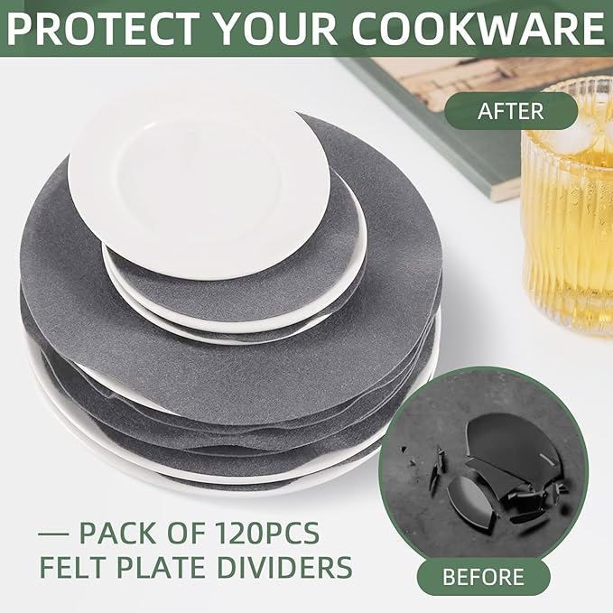 120Pcs Plate Separators Storage, Soft Felt Plate Dividers, Round Dish Storage Protectors Pads with 3 Different Size (Grey)