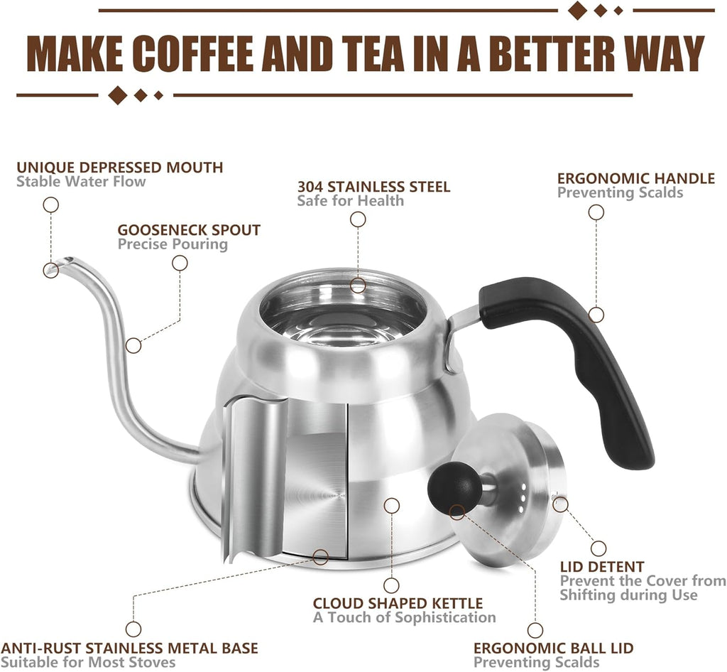 Stainless Steel Tea Kettle 800ml W/O Thermometer Gooseneck Kettle for Stovetop Pour Over Coffee Kettle Precision Pour Drip Spout Tea Pot 28oz,4 Cup,Silver,1Pack