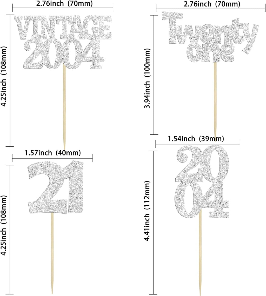 Gyufise 24Pcs 21st Birthday Cupcake Toppers Glitter Twenty-one Vintage 2004 Hello 21 Years Birthday Cupcake Picks Cheers to 21 Cake Decor for Happy 21st Anniversary Party Supplies Silver