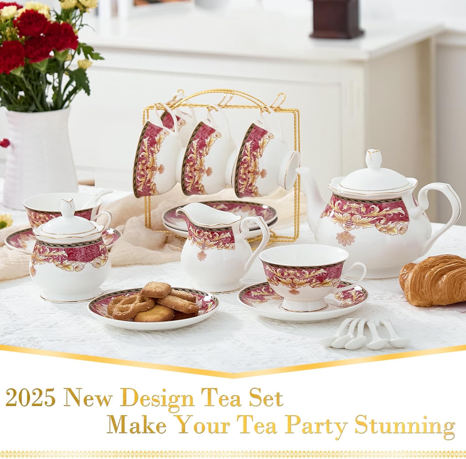 DUJUST 22 pcs Royal Vintage Porcelain Tea Set for 6, Luxury British Tea Sets for Adults with Red Patterns & Golden Trim, Beautiful Floral Tea/Coffee Cup Set, Gift Package - Royal Treat for You