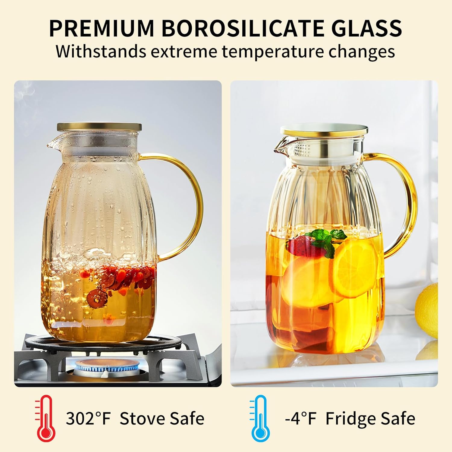 68OZ Glass Pitcher with Lid and Spout, Water Jug, 2000ml Carafe for Hot/Cold Water, Large Iced Tea Pitcher for Coffee, Juice and Homemade Beverage