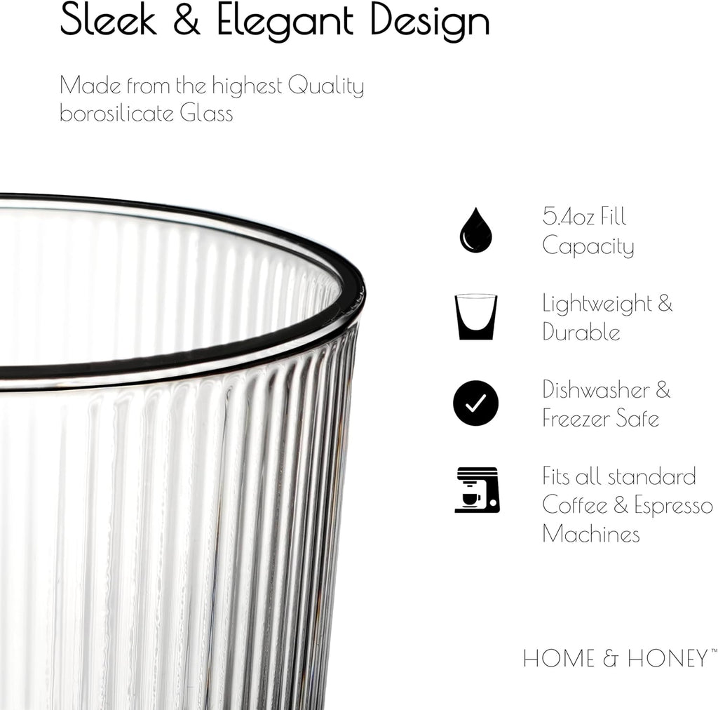 HOME & HONEY Double-Walled Insulated Glass Espresso Cups, Set of 2, 5.4oz Capacity, Fluted Borosilicate Glass