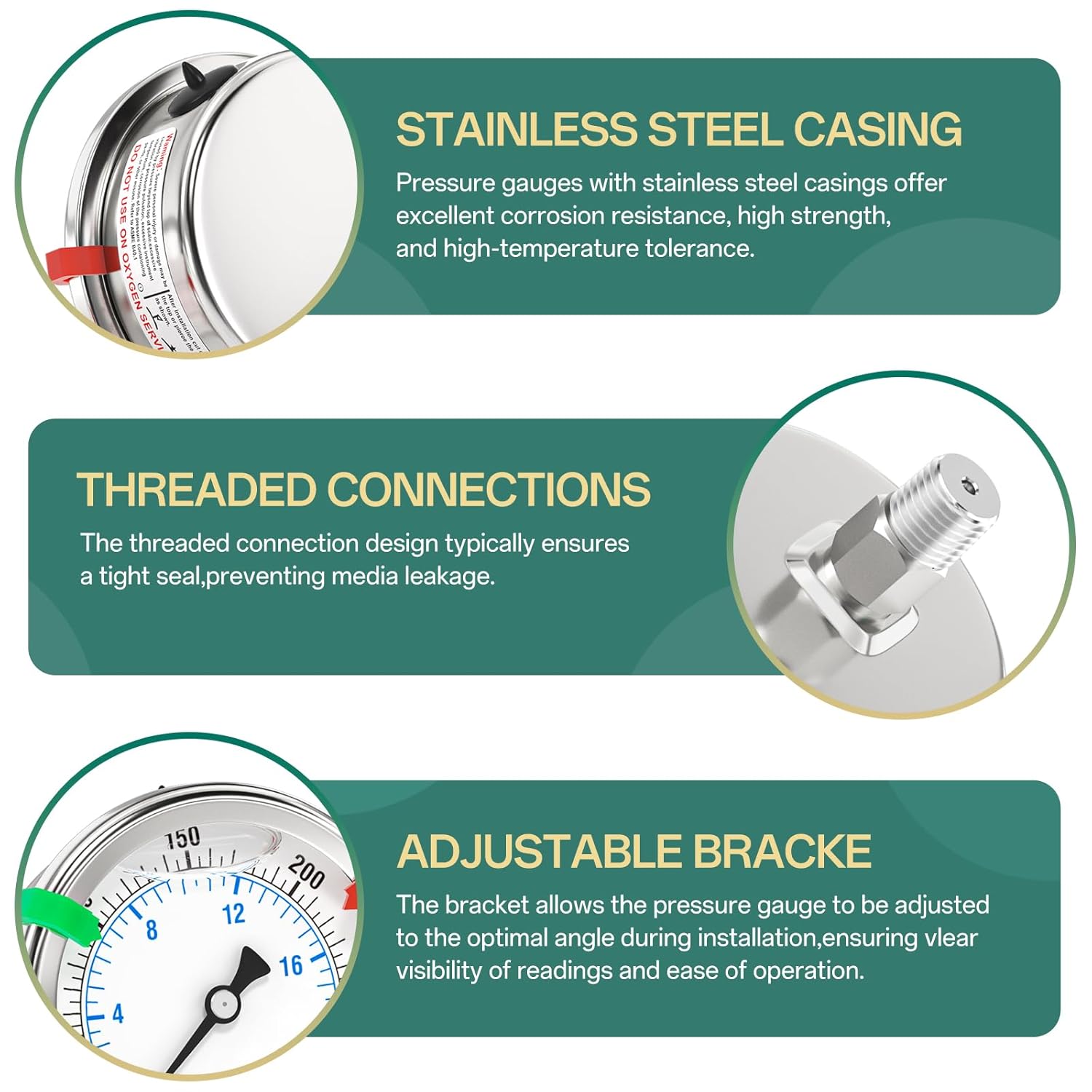 0-300PSI Stainless Steel Liquid Filled Pressure Gauge, 2.5" Dial Size, 1/4" NPT 316 Stainless Steel Joint, Back Mount, for Tube, Water Pump, Gas, Liquid (with Range Mark Pointer)