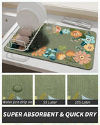 AMOAMI Coffee Mat - Hide Stain Rubber Backed Absorbent Dish Drying Mat for Kitchen Counter - Bar Accessories Fit Under Coffee Maker, Espresso Machine, Dish Rack - Floral Green 16x24