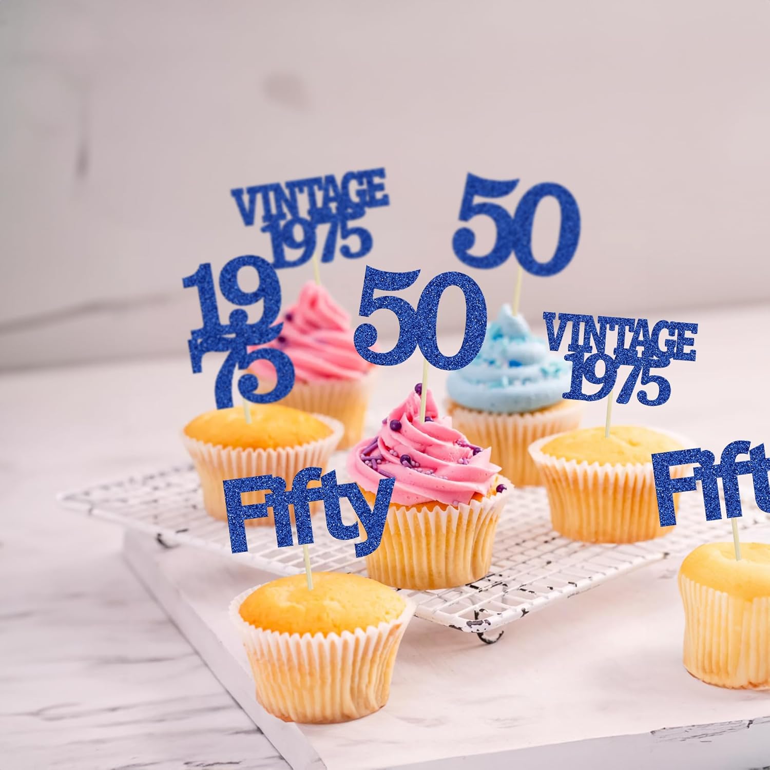 Gyufise 24Pcs Vintage 1975 Cupcake Toppers Cheers to 50 Fabulous Fifty Cupcake Picks 50th Birthday Wedding Anniversary Party Cake Decorations Supplies Deep Blue