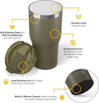 RTIC 30oz Essential Tumbler with Lid, Insulated, Stainless Steel, Metal, Double Wall Vacuum-Insulation, Ceramic Lined, Travel Cup for Iced Coffee, Tea, Hot and Cold Drink, Olive