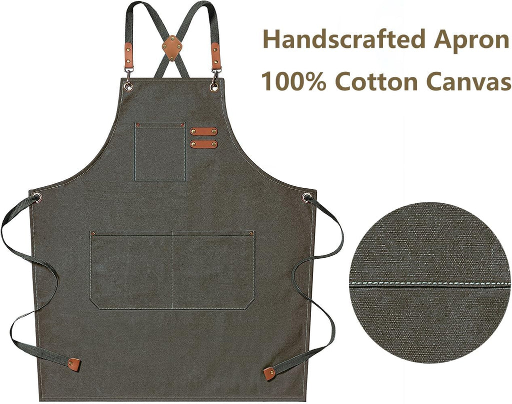 AFUN Chef Aprons for Men Women with Large Pockets, Cotton Canvas Cross Back Heavy Duty Adjustable Work Apron, Size M to XXL (Greygreen)