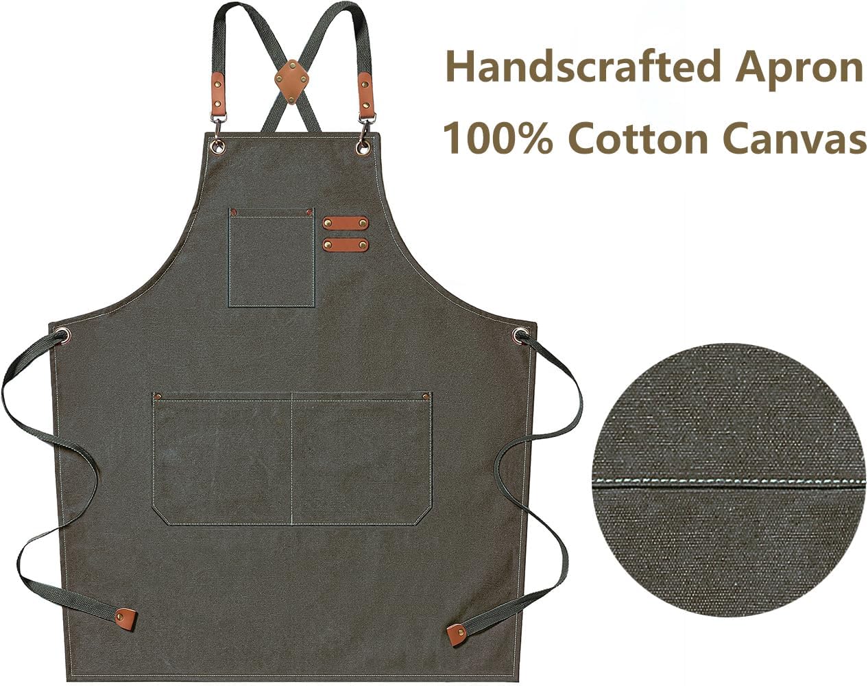 AFUN Chef Aprons for Men Women with Large Pockets, Cotton Canvas Cross Back Heavy Duty Adjustable Work Apron, Size M to XXL (Greygreen)