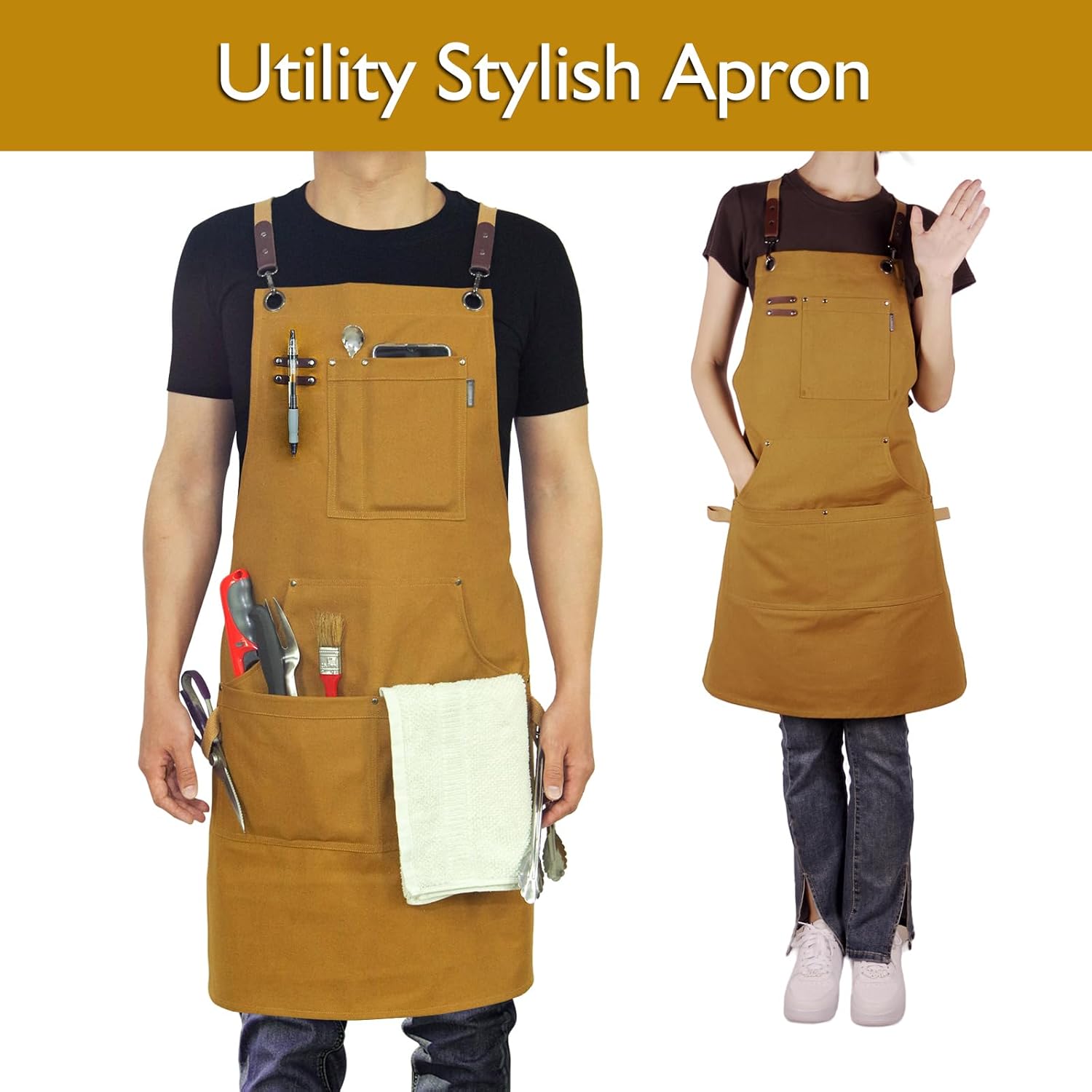 5 Pack Kitchen Aprons, Work Apron, Canvas, Multiple Pockets, Gardening, Painting, BBQ, Artist, Carpenter, Sizes M to XXL, Khaki