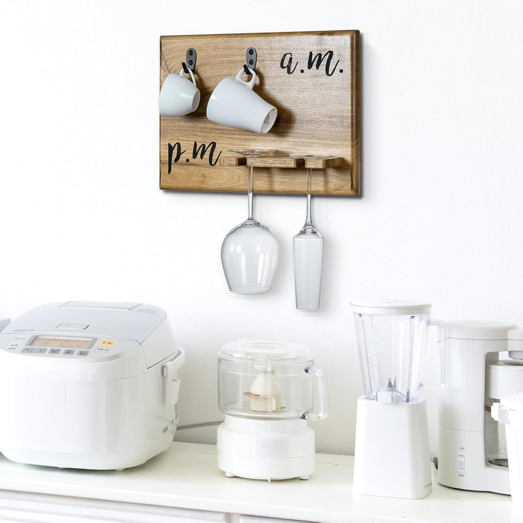 MyGift Premium Solid Acacia Wood Wall Mounted Mug and Wine Glass Holder Rack – Rustic Coffee and Wine Bar Organizer with Cursive A.M. / P.M. Design