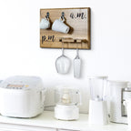 MyGift Premium Solid Acacia Wood Wall Mounted Mug and Wine Glass Holder Rack – Rustic Coffee and Wine Bar Organizer with Cursive A.M. / P.M. Design