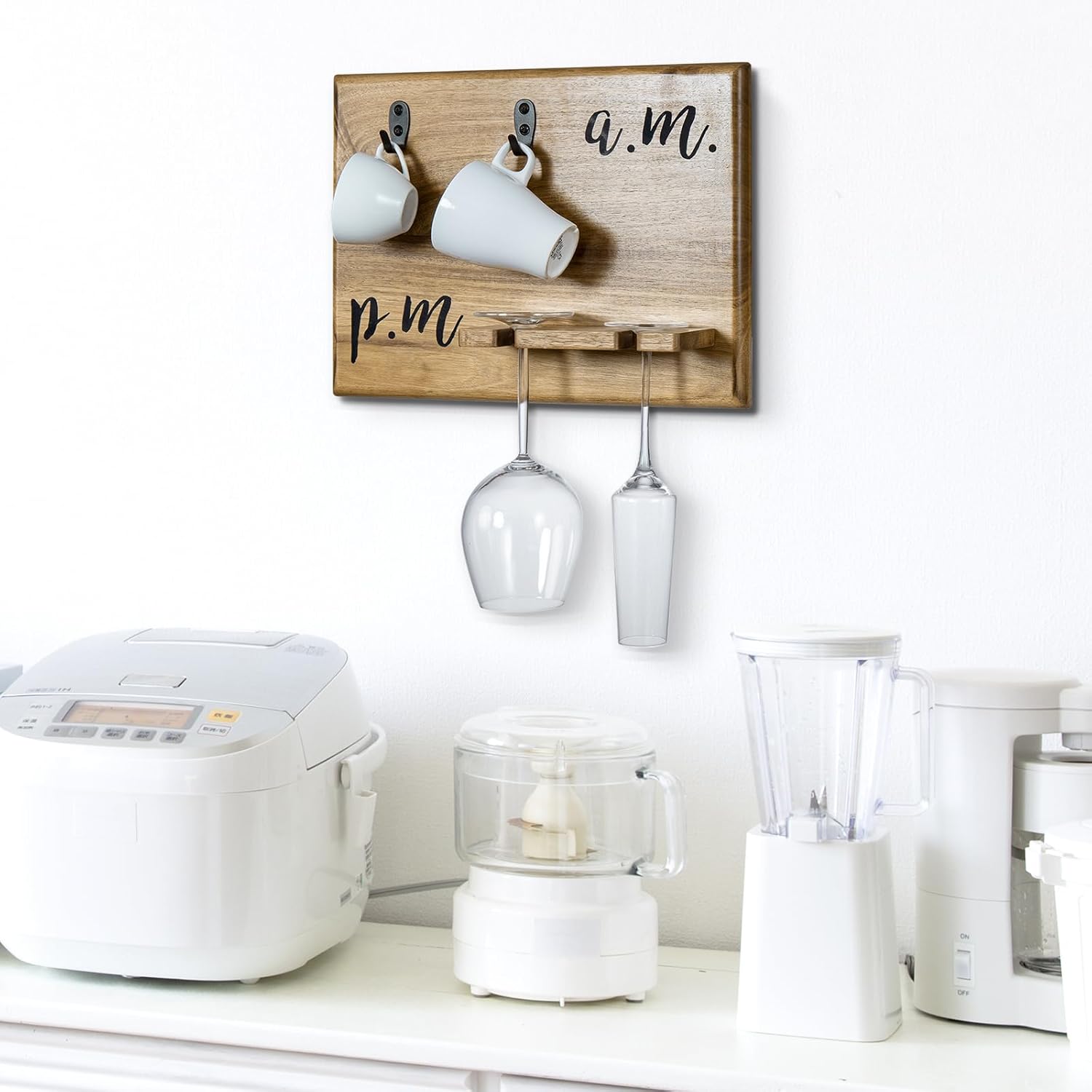 MyGift Premium Solid Acacia Wood Wall Mounted Mug and Wine Glass Holder Rack – Rustic Coffee and Wine Bar Organizer with Cursive A.M. / P.M. Design