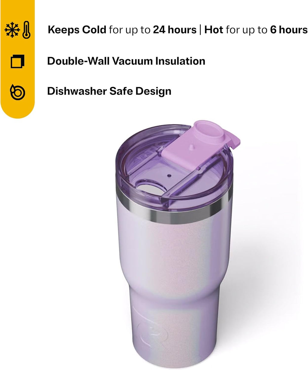 RTIC 20oz Essential Tumbler with Lid, Insulated, Stainless Steel, Metal, Double Wall Vacuum-Insulation, Ceramic Lined, Travel Cup for Iced Coffee, Tea, Hot and Cold Drink, Lavender Glitter