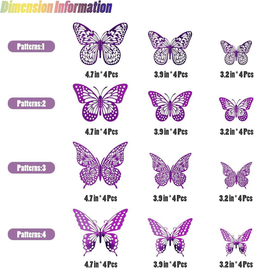 SAOROPEB 3D Butterfly Wall Decor - 48 Pcs, 4 Styles, 3 Sizes - Purple Butterfly Decorations for Birthday Parties, Removable Stickers