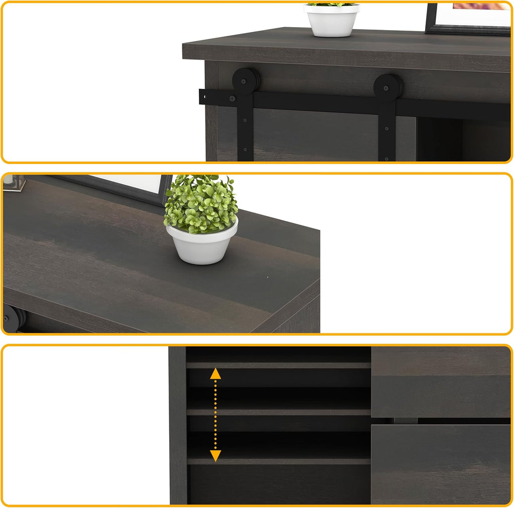 NSdirect Sideboard Coffee Bar Cabinet,Modern Farmhouse Buffet Station Sliding Barn Door Storage Credenza Console with Slat and Shelf Entryway Storage Cabinet Kitchen Dining Living Room, Brown