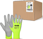 DULFINE Safety Work Gloves for Men PU Coated 60 Pairs Bulk Pack,Hi-Vis Yellow Seamless Knit Glove with thin Polyurethane Coated Smooth Grip on Palm & Fingers,Ideal for General Duty Work (Medium)