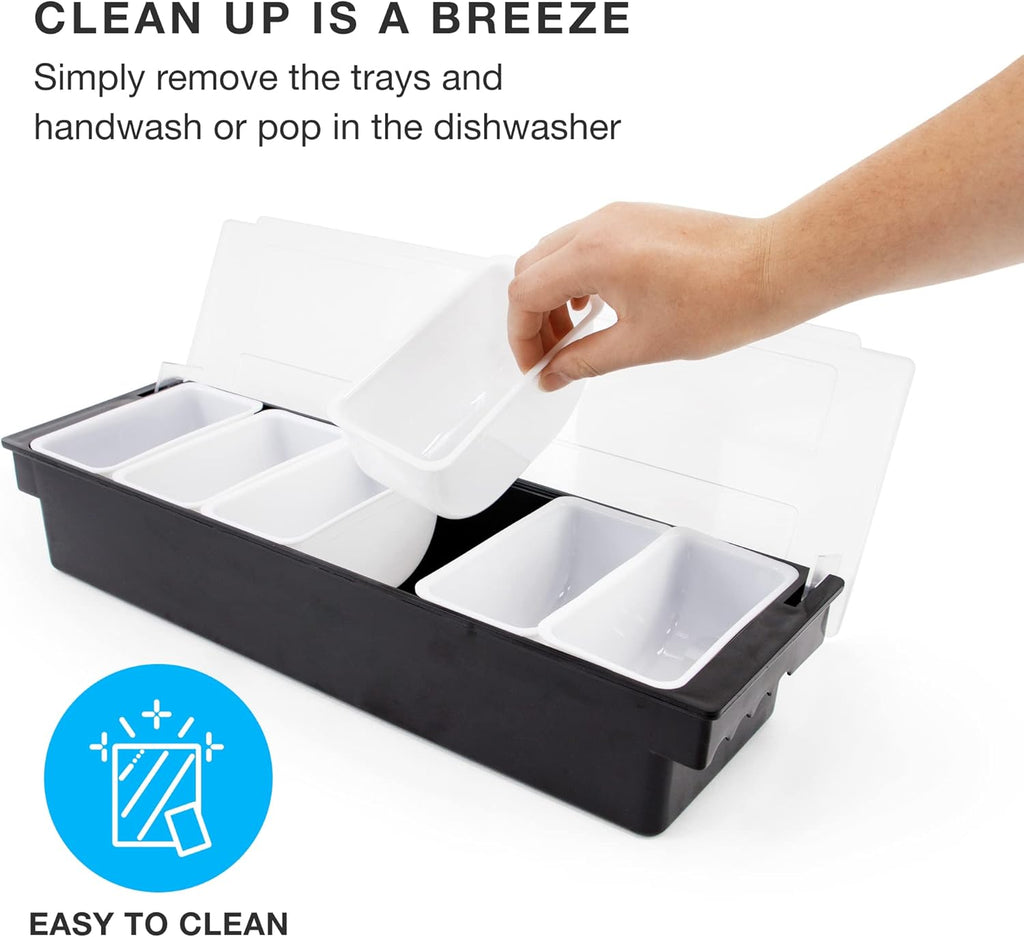 Cocktailor 6 Tray Bar Top Food & Garnish Station with Lid - Condiment Dispender for Bartending, Taco Bar, Ice Cream, Fruit, Salad Bar - Topping Organizer for Restaurant Supplies & Accessories