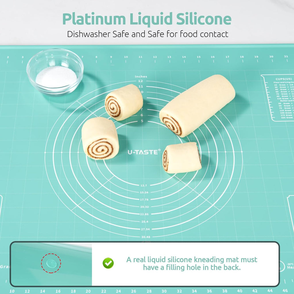 U-Taste 28"x20" Large Pastry Mat: Food-Grade Liquid Silicone Dough Rolling Baking Sheet, Non-Stick Non-Slip for Kneading, Making Pizza, Fondant, Pie with Clear Measurement and Raised Edges (Aqua Sky)