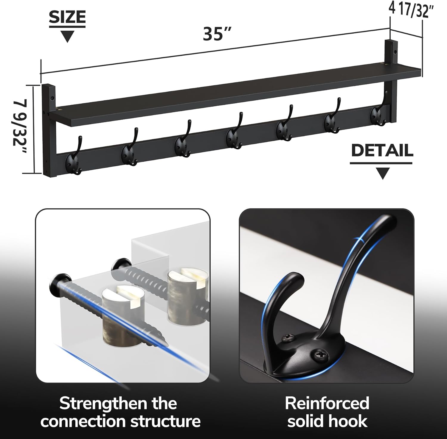 BAMEOS 35 Inch Wall Hooks With Shelf - Entryway Hanging Wood Coat Rack With 7 Dual Hooks for Bathroom, Living Room, Bedroom (Black)