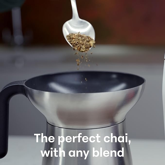 Loka Chai Maker for Authentic Masala Chai & Chai Latte | Easy Clean Stainless Steel Stovetop Tea Maker with Innovative Chai Fountain | Non-Stick Ceramic, 20oz (3 Cups) - (Stainless Steel Strainer)