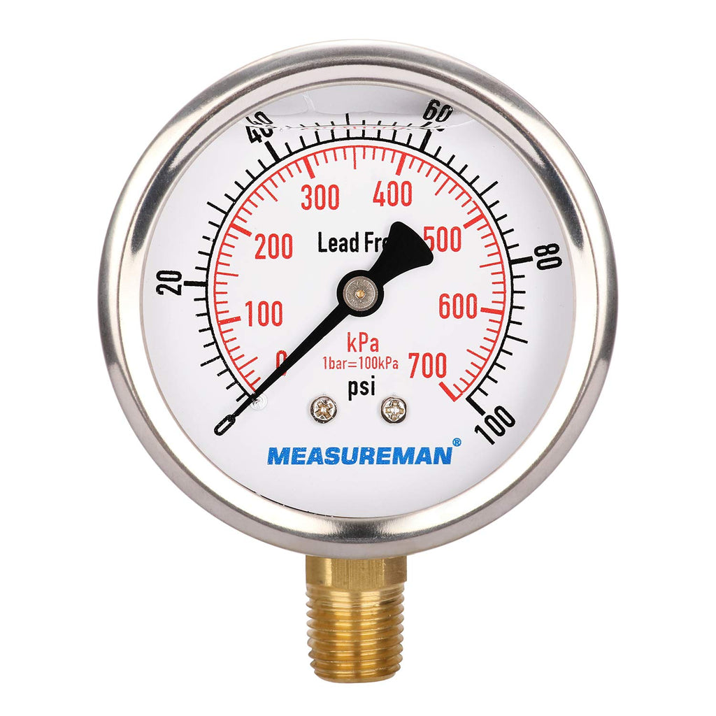 MEASUREMAN Lead-Free Pressure Gauge, 2-1/2inch Dial, Glycerin Filled, 0-100psi/kpa, Stainless Steel Case, 1/4inchNPT Lower Mount