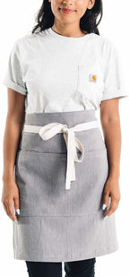 Caldo Linen Bistro Cafe Apron - Professional Grade with Pockets, Half Kitchen Apron, Mid Length 23 x 23, 40 Inch Waist Ties - Durable Unisex Uniform- Server or Chef (Grey)