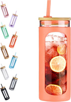 Kodrine 20oz Glass Water Tumbler with Straw and Lid, Bamboo Lids Water Bottle, Iced Coffee Cup Reusable, Wide Mouth Smoothie Cups with Protective Silicone Sleeve BPA FREE-Orange