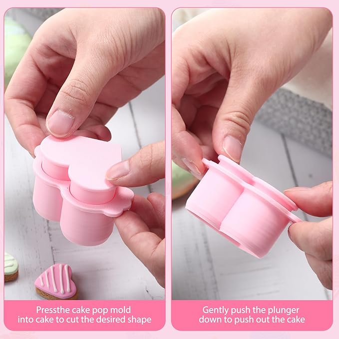 Cake Pop Cutter and Pusher Set - Round and Heart 3D Printed Mold Shapes Press | Baking Tools for Home, Birthday, Wedding Desserts | Reusable Design (Green,Pink)