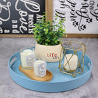 Round Blue Decorative Serving Tray with Handles, 13” Versatile Ottoman Tray for Coffee Table, Entertaining, Outdoor Patio, Living Room