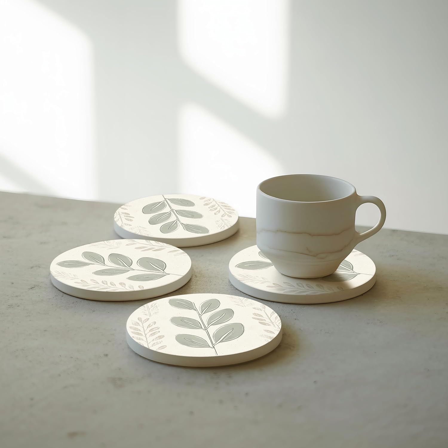 VEYRO Coasters Set of 4 for Drinks – Absorbent Ceramic Stone Drink Coasters with Cork Backing for Coffee Table & Desk, Modern Boho Look Cup Coaster Set, Housewarming Gift for New Home