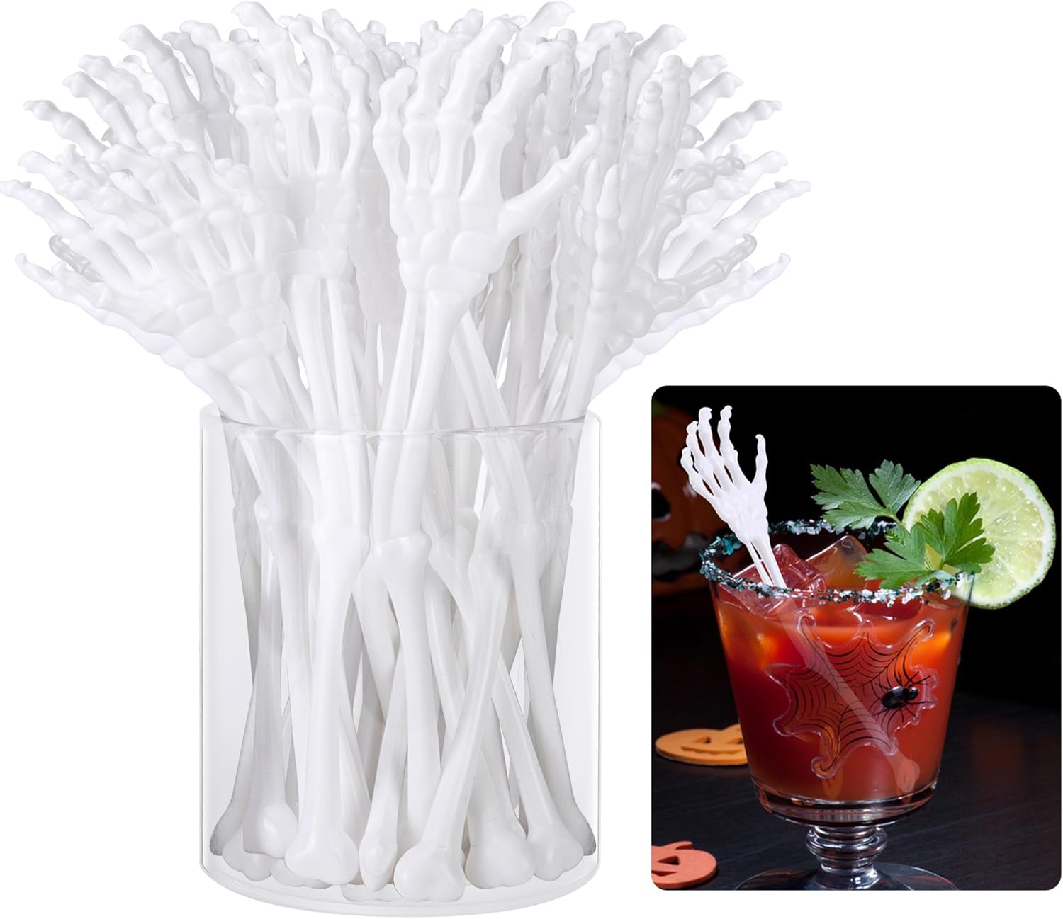RunNico 50 Pcs 5.9''x1.5'' Halloween Skeleton Cocktail Stirrers, Reusable Skeleton Hand Swizzle Sticks, Halloween Plastic Drink Stirrer for Home Bar Horror Party Table Decorations Photo Props
