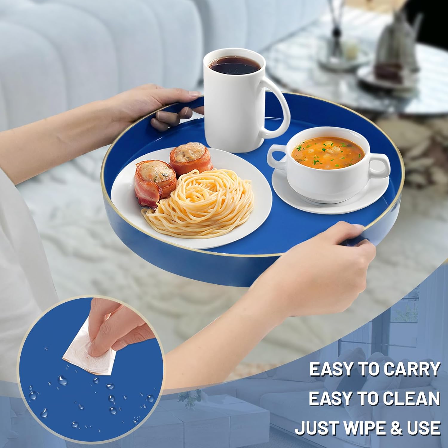 MAONAME 13" Blue Round Tray, Navy Serving Tray with Handles, Modern Decorative Tray for Coffee Table, Plastic Tray for Ottoman, Bathroom, Decor