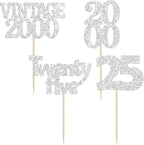 Gyufise 24Pcs 25th Birthday Cupcake Toppers Glitter Twenty-five Vintage 2000 Hello 25 Years Birthday Cupcake Pick Cheers to 25 Cake Decoration for Happy 25th Anniversary Party Supplies Silver