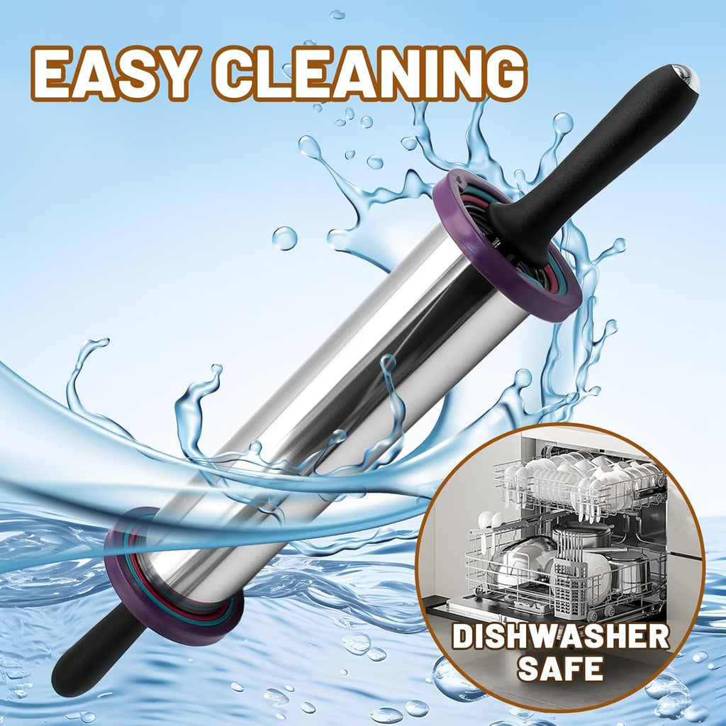 Rolling Pins,Rolling Pin and Silicone Baking Pastry Mat Set,Rolling Pins,Adjustable Stainless Steel Rolling Pin with Thickness Rings for Baking Dough,Pizza,Pie,Pasta