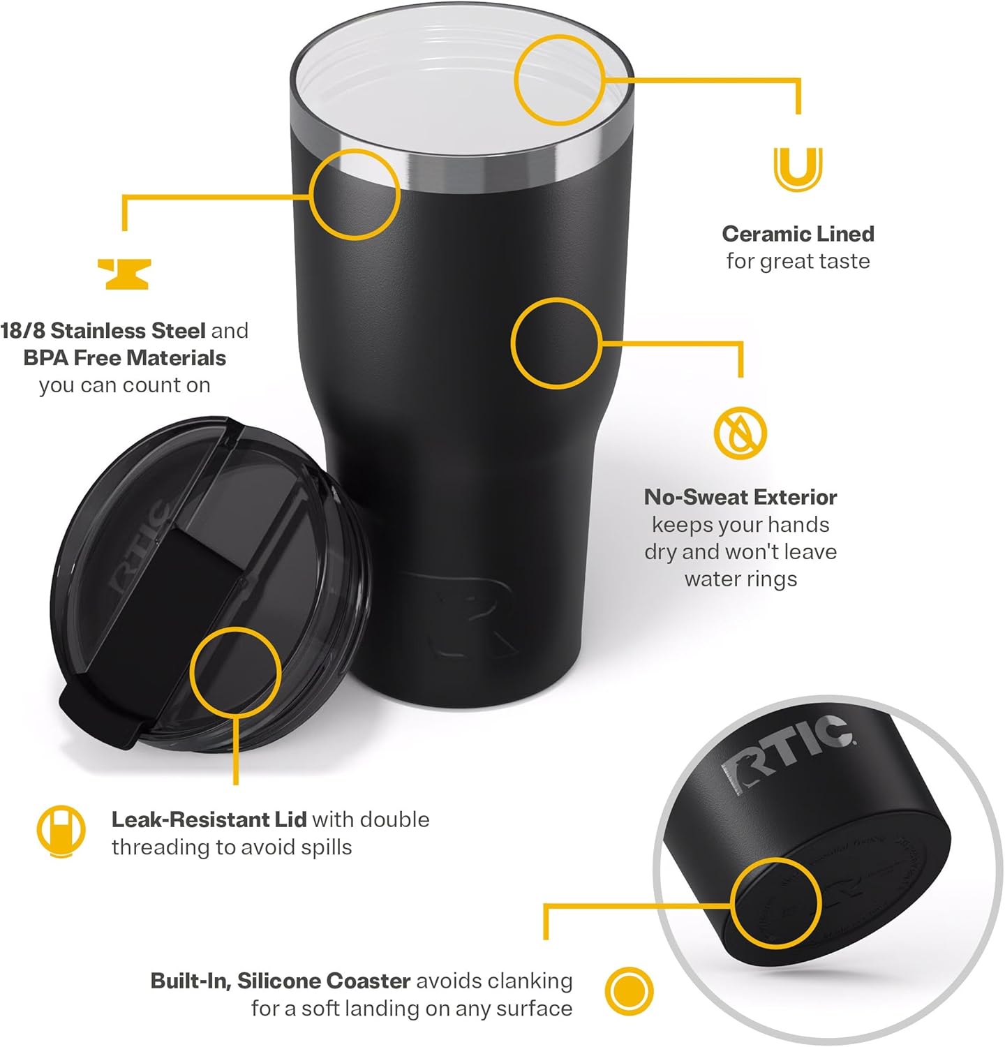 RTIC 30oz Essential Tumbler with Lid, Insulated, Stainless Steel, Metal, Double Wall Vacuum-Insulation, Ceramic Lined, Travel Cup for Iced Coffee, Tea, Hot and Cold Drink, Black