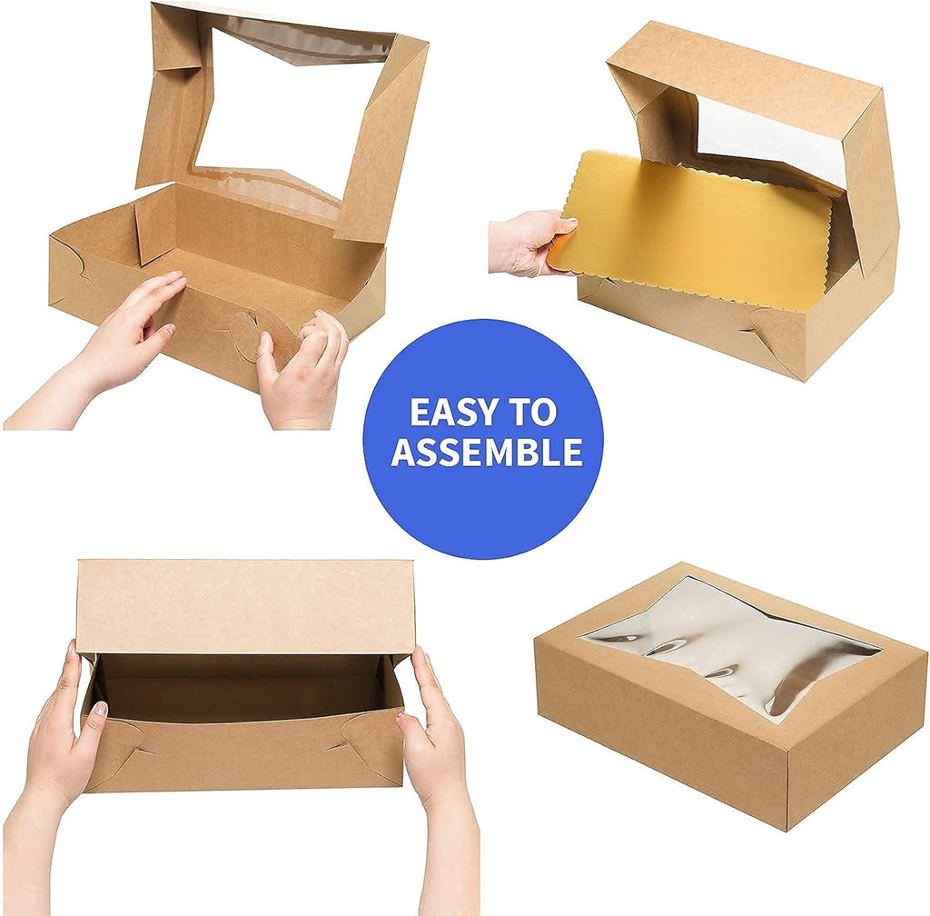 (15 Pack) Cake Boxes with Cake Boards INCLUDED – Easy-Assembly, 14 x 10 x 4 Inch, Dessert Boxes with Window, Stickers – Store & Sell Cakes, Cupcakes, Muffins, & Donuts in Bakery Boxes