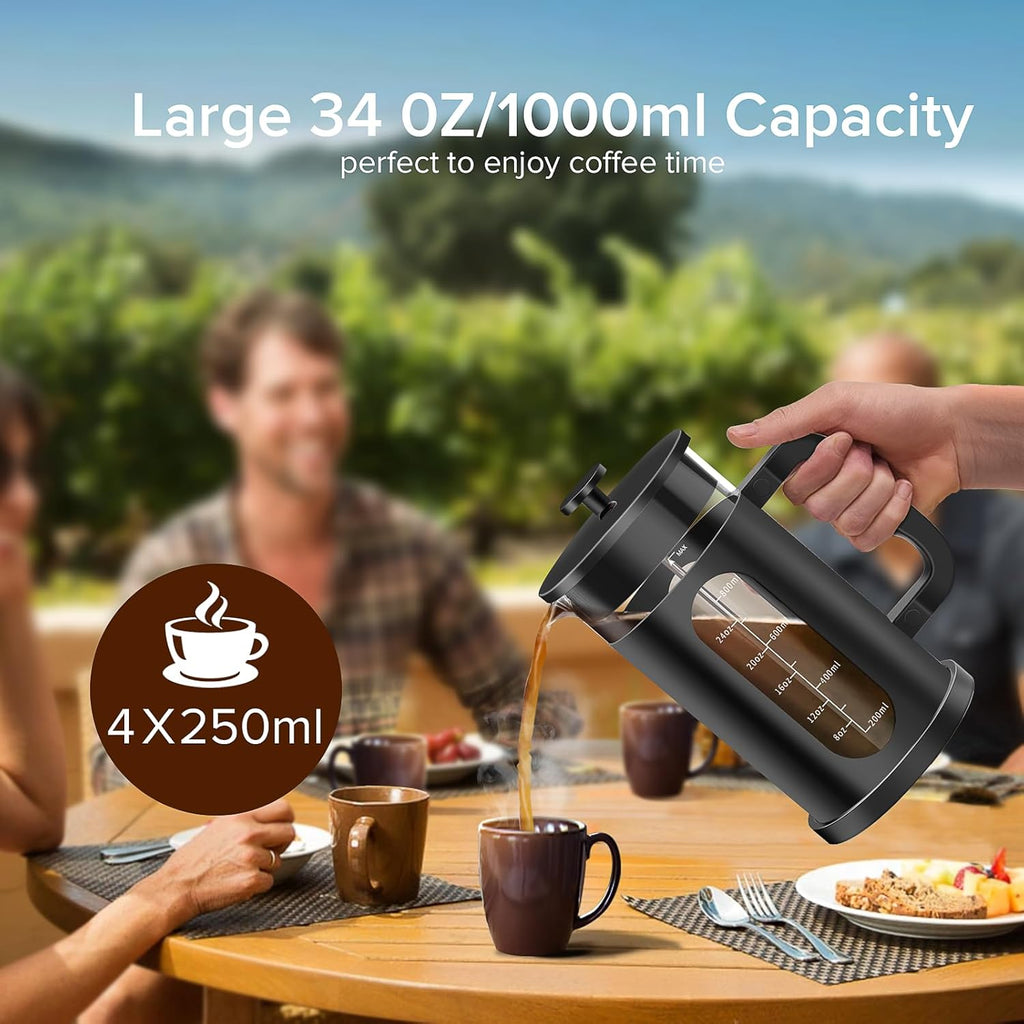 QUQIYSO French Press Coffee Maker, 304 Stainless Steel French Press with 4 Filter, Heat Resistant Borosilicate Glass, Easy to Clean, BPA Free Coffee Press Rust-Free Coffee Maker, 34 ounce, Black