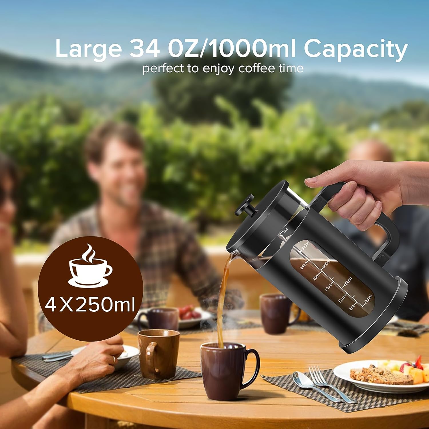 QUQIYSO French Press Coffee Maker, 304 Stainless Steel French Press with 4 Filter, Heat Resistant Borosilicate Glass, Easy to Clean, BPA Free Coffee Press Rust-Free Coffee Maker, 34 ounce, Black