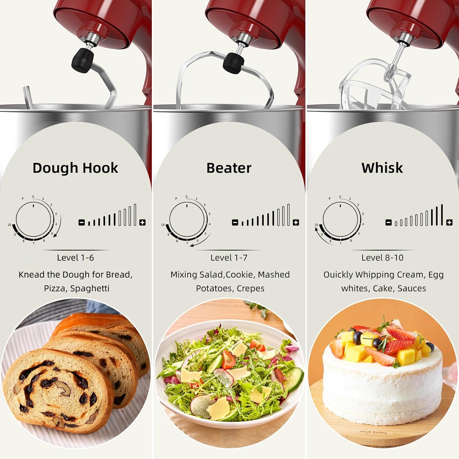 Electric Stand Mixer,10 Speeds Tilt-Head Food Mixer, 3-IN-1 Kitchen Mixer for Daily Cooks with 6 QT Bowl,Dough Hook, Beater, Whisk (Empire Red)