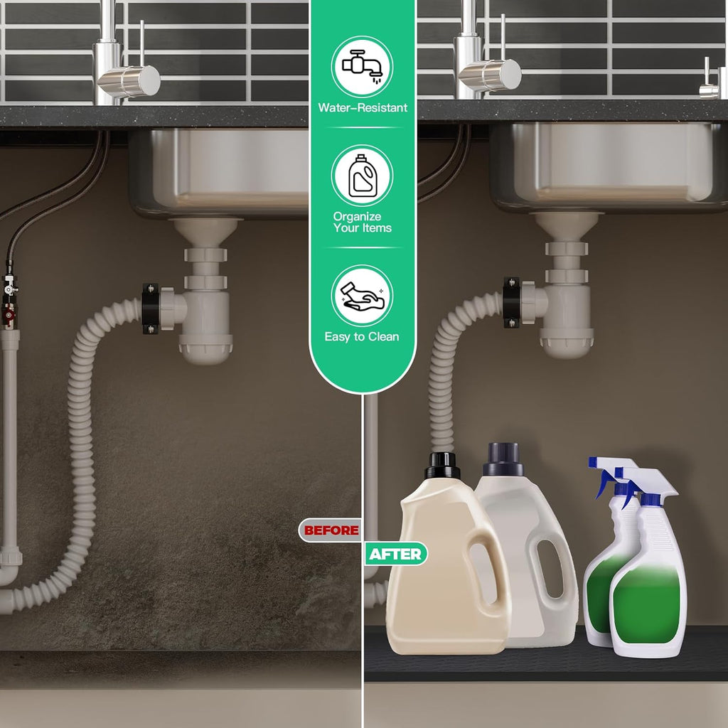 TRZZ Silicone Waterproof Under Sink Mat 31" x 22", Drip Tray and Cabinet Liner for Kitchen and Bathroom, Prevents Water Damage and Organizes Cabinets (Black)